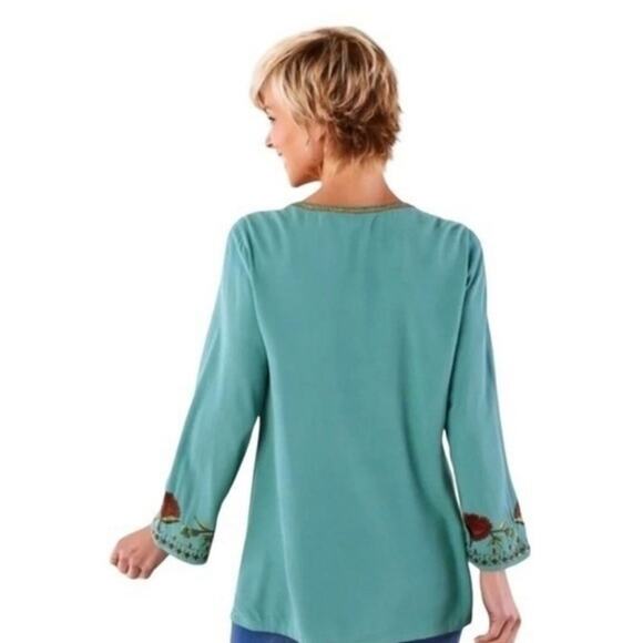 Soft Surroundings Teal Blue Pathfind Embroidered Tunic Top Cottage Artsy Cottage - Picture 8 of 8